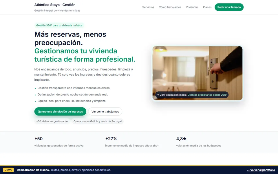 Página inicial da demo Atlántico Stays