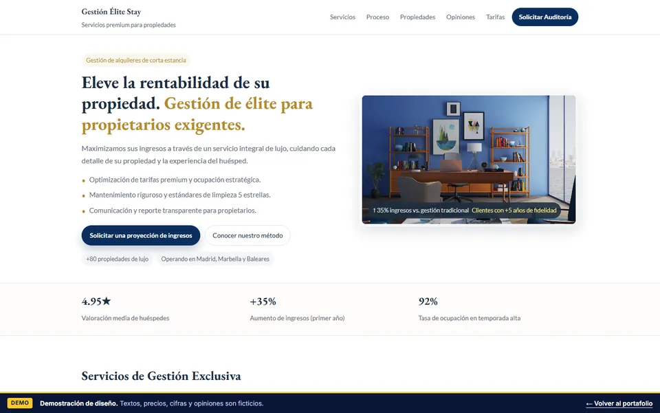 Página inicial da demo Gestión Élite Stay