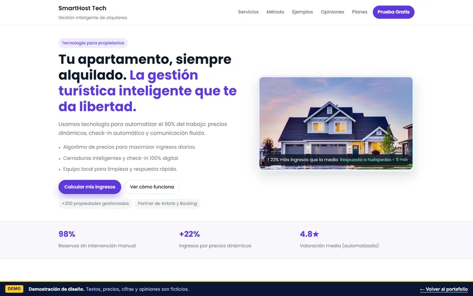 Página inicial da demo SmartHost Tech